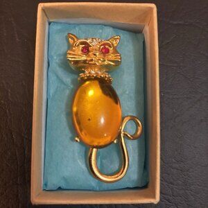 Vintage Midcentury Cat Brooch/Pendant Gold, Amber Glass, Red+Clear Rhinestones